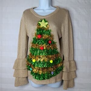 Holiday Time Dimensional Christmas Tree Ugly Sweater Size‎ Small Ruffle Sleeves
